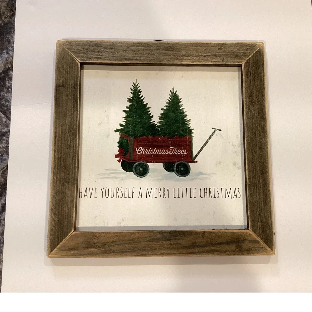 Jan Michaels Christmas Tree Wagon Wall Art 13.5x13.5 Brown Good